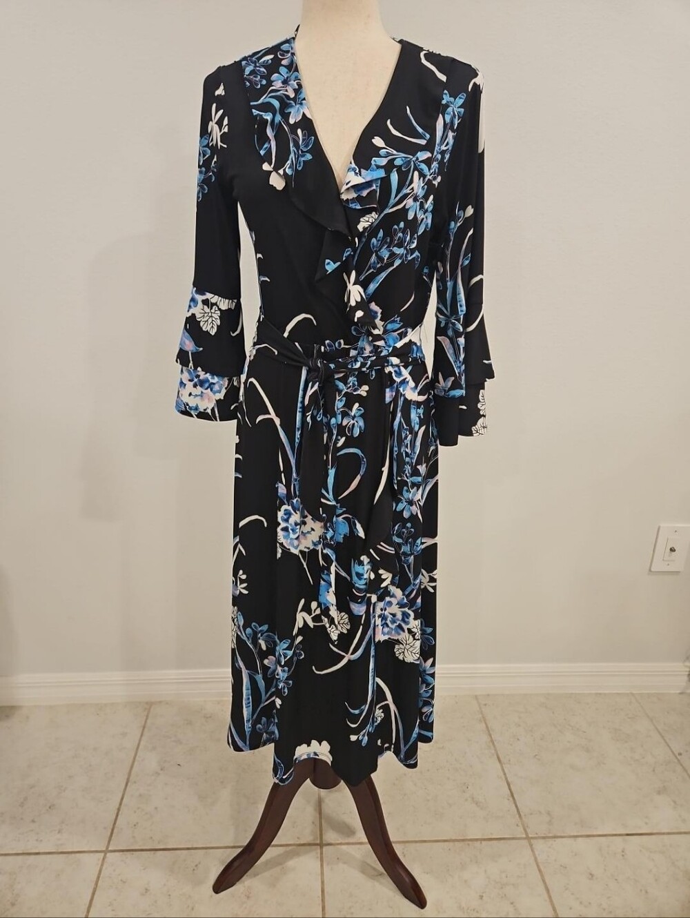 Hale Bob Floral Midi Dress M Ruffle Bell Sleeve Wrap Style Belted